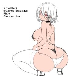 ass big_ass kneehighs little_girl red_eyes serachan shiny_skin thick_thighs thong white_hair