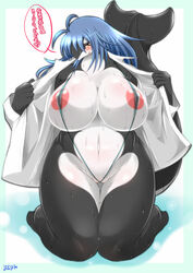 anthro big_breasts blue_hair blush breasts cetacean charme chubby female hair kneeling marine nipples orange_eyes orca solo string_bikini sweat thick_thighs undressing wet wide_hips ymbk