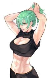 1girls abs alternate_costume alternate_hairstyle armpits black_shirt breasts byleth_(female)_(fire_emblem) byleth_(fire_emblem) cleavage_cutout clothing_cutout crop_top enlightened_byleth_(female) female female female_only fire_emblem fire_emblem:_three_houses green_eyes green_hair grey_background hair_tie hair_tie_in_mouth large_breasts midriff mouth_hold muscular muscular_female navel nintendo ponytail scar scar_on_hip sethkiel shirt simple_background solo stomach tying_hair