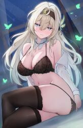 1girls ass_visible_through_thighs black_legwear black_lingerie butterfly closed_mouth collar embarrassed firefly_(honkai:_star_rail) full-face_blush honkai:_star_rail huge_ass huge_thighs lace_trim large_breasts lingerie off_shoulder sitting_on_bed taking_off_panties thick_thighs wavy_mouth white_shirt wide_hips