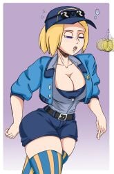 1girls big_breasts blonde_hair blue_eyes breasts cleavage female female_only final_fight hat huge_breasts hypno_eyes hypnosis hypnotic_eyes jacket large_breasts lucia_morgan pocket_watch police police_uniform policewoman rougethedaisy shorts solo solo_female solo_focus stockings street_fighter street_fighter_v sunglasses thick_thighs watch