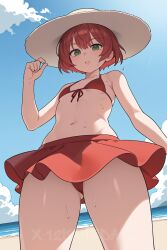 12kaneda12 1girls ai_generated beach beach_hat bikini green_eyes lana looking_at_viewer pareo red_hair short_hair small_breasts solo solo_focus sweat sweating watermark