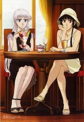 2girls arashiyama_sayoko arm arm_rest arms black_dress black_hair blue_eyes blush cafe chair chin_rest cup curtains dessert dress female food glass hat hime_cut ice_cream jewelry kaja_bergmann legs legs_crossed long_hair looking_at_viewer multiple_girls natsu_no_arashi! necklace official_art red_eyes sandals scan shy sitting smile spoon straw sun_hat sundress table white_hair window