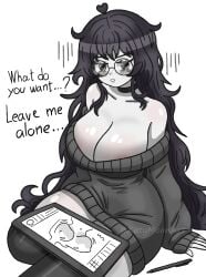 1girls artist big_breasts big_thighs black_hair blush choker cute depressed female female_only glasses katy_(katymoonart) katymoonart long_hair messy_hair not_porn oc original original_character solo solo_female stockings sweater text thighhighs tired_eyes white_background white_body