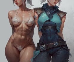 2girls abs ai_generated armor arms_behind_back belt bikini blue_eyes breasts cameltoe cleavage clothing covered_abs covered_navel cowboy_shot female female_pubic_hair gloves head_out_of_frame highleg highleg_bikini jett_(valorant) large_breasts lips long_hair looking_at_viewer medium_breasts micro_bikini midriff multiple_girls multiple_views muscle muscular_female navel parted_lips ponytail pubic_hair pubic_hair_peek short_hair shoulder_armor simple_background standing swimsuit tattoo thick_thighs thighs tied_hair toned underboob valorant white_bikini white_hair white_swimsuit xsfmworks