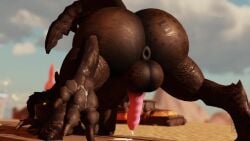 3d animated anus ass balls bethesda_game_studios big_butt brown_body butt_tattoo claws deathclaw fallout feral genital_fluids genitals glowing_eyes huge_butt looking_at_viewer male microsoft no_sound penis roblox tagme video willie_piv