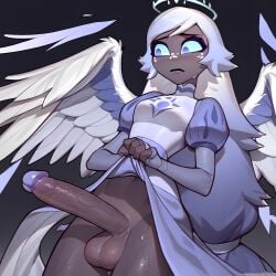 1futa ai_generated angel angel_wings embarrassed emily_(hazbin_hotel) futanari halo hazbin_hotel hi_res lifting_dress looking_away shy