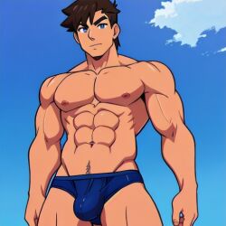 blue_eyes blue_swimsuit blue_swimwear brown_hair male male_only muscular muscular_male speedo swimming_trunks swimsuit swimwear tan_body tan_skin