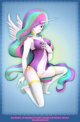 anthro bracelet breasts cutie_mark female friendship_is_magic highres horn human humanized lalox lingerie long_hair looking_at_viewer multicolored_hair my_little_pony navel nipples panties princess_celestia_(mlp) purple_eyes see-through smile smooth_skin solo squatting thighhighs white_skin wings