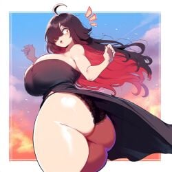 ai_generated amber_eyes ameanon black_dress dark_hair female large_breasts sorceress sorceress_sophia thick_thighs two_tone_hair villainess witch