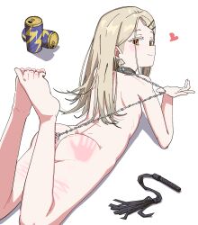 1girls absurdres anal_leash ass barefoot blonde_hair bondage can cat_o'_nine_tails chains closed_mouth collar completely_nude ear_piercing feet female female_only femsub flat_chest flogger gakuen_idolmaster hair_ornament hairclip handprint handprint_on_ass heart highres idolmaster leash long_hair looking_at_viewer looking_back lying nude ohgi910 on_stomach orange_eyes piercing shinosawa_hiro simple_background slap_mark smile solo_female spanked whip whip_marks white_background