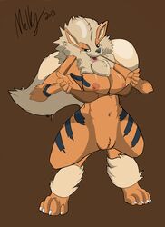 2013 anthro arcanine bottomless bra breasts canid canine canis clothing digitigrade female flashing fur furry furry_only melkiah nintendo nipples pokémon_(species) pokemon pokemon_(species) pussy simple_background solo stripes tail topwear underwear video_games