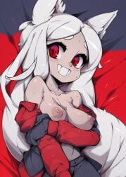 1girls areolae bare_shoulders blush breasts cerberus_(helltaker) dakimakura dog_ears female gloves helltaker long_hair lying_on_back medium_breasts nipples red_eyes slugbox solo sweat topless white_hair