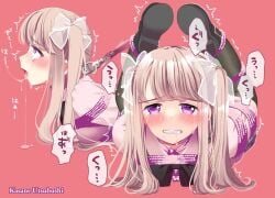 1female 1girls after_deepthroat arms_behind_back arms_bound arms_bound_behind_back artist_name blonde_hair blush blushing_lines bondage bound bound_arms bound_legs broken broken_sub clenched_teeth crying crying_with_eyes_open deepthroat_training dress drolling female female_only from_side hair_ribbon helpless helpless_girl hogtie hogtied kasane laying_on_stomach leash legs_bound_to_collar lolita_fashion mind_break on_stomach open_mouth panic pink_background pink_eyes pink_leash purple_rope restrained rope rope_bondage side_view simple_background speech_bubble tears tears_of_desperation teeth_clenched trembling white_ribbon