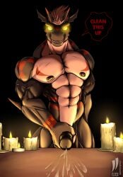 abs anthro bandai_namco blackgrowlmon bodily_fluids candle candlelight cum digimon digimon_(species) digmon genital_fluids glowing glowing_eyes growlmon hi_res iudicium86 light male muscular nipples pecs solo speech_bubble