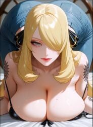 , 1girls ai_generated big_breasts blonde_hair covering_one_eye cynthia_(pokemon) female female_focus female_only hair_covering_one_eye huge_breasts jack-o_pose large_breasts long_hair mature_female original_character plump pokemon pokemon_(species) solo solo_female solo_focus top-down_bottom-up white_skinned_female yellow_eyes yellow_hair