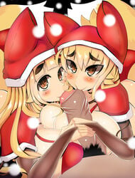 1boy 2girls animal_ears biting blonde_hair bra breast_press breasts brown_eyes cape christmas collaborative_fellatio double_paizuri fellatio female foreskin foreskin_bite fox_girl fox_tail hood huge_breasts inari_(tsumetoro) interracial ketsune_(tsumetoro) long_hair male multiple_fellatio multiple_girls multiple_paizuri natsupoi oral original paizuri penis red_bra short_hair snowing straight tail teamwork tsumetoro uncensored