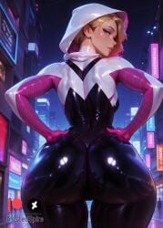 ai_generated ass blonde_hair clothing female female_focus female_only from_behind frostedspire gwen_stacy looking_at_viewer spider-gwen spider-man_(series)