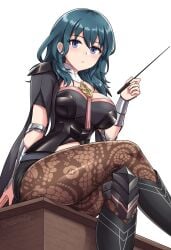 1girls armlet armor ass black_armor blue_eyes blue_hair blush bodice breasts bustier byleth_(fire_emblem) byleth_(fire_emblem)_(female) canadiananiguy cape cleavage closed_mouth clothing_cutout crossed_legs deep_skin desk expressionless female female_only fire_emblem from_below hair_between_eyes highres holding holding_pointer jewelry lace_pantyhose large_breasts long_hair looking_at_viewer looking_down medium_hair narrow_waist navel_cutout nintendo on_desk pantyhose pantyhose_under_shorts patterned_legwear pointer print_pantyhose shorts simple_background sitting solo thick_thighs thighs turtleneck vambraces white_background wide_hips
