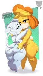 animal_crossing anthro ass bad_cat big_breasts big_butt bodily_fluids breasts butt_grab canid canine canis dialogue domestic_cat domestic_dog duo felid feline felis female female/female hair hand_on_butt hi_res isabelle_(animal_crossing) kissing mammal misket narrowed_eyes nintendo nude presenting presenting_hindquarters rear_view saliva shih_tzu short_stack size_difference smaller_female speech_bubble tagme_(artist) tail thick_thighs toy_dog turkish_angora white_body wide_hips yellow_body