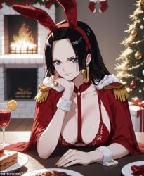 ai_generated akira_hentai big_breasts boa_hancock bunny_ears christmas christmas_clothing christmas_outfit christmas_tree dinner female female_only gift lace lace-trimmed_bra looking_at_viewer milf one_piece red_bra thick_breasts