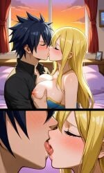 ai_generated bedroom black_hair blonde_hair fairy_tail french_kiss gray_fullbuster groping_breasts imminent_sex lucy_heartfilia nose_blush sunset