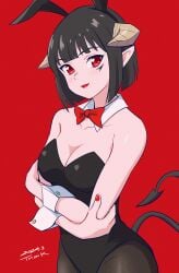 1girls absurdres animal_ears arms_under_breasts bare_shoulders black_hair black_leotard black_pantyhose bob_cut bow bowtie breasts cleavage closed_mouth collarbone demon_girl demon_horns demon_tail detached_collar facial_mark fake_animal_ears highres hime-sama_"goumon"_no_jikan_desu horns leotard looking_at_viewer medium_breasts nail_polish pantyhose playboy_bunny rabbit_ears red_background red_bow red_bowtie red_eyes red_lips red_nails short_hair slit_pupils smile solo strapless strapless_leotard tail torture_tortura tsunemoku upper_body white_wrist_cuffs wrist_cuffs