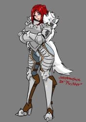 1girls armor armored armored_female arms_open big_breasts blue_eyes blush crossed_arms feathers freckles fur_pelt fur_trim high_heel_boots high_heels jakearmorsmith knight knight_armor military pogchamp red_hair soldier thick_thighs total_war total_war:_warhammer warhammer_(franchise) warhammer_fantasy warrior wide_hips wolf wolf_pelt