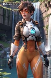 1girls ai_generated artist_name ass_visible_through_thighs black_gloves blizzard_entertainment bodysuit bomber_jacket breasts brown_hair brown_jacket cameltoe chest_harness closed_eyes covered_navel cowboy_shot gloves goggles harness hi_res jacket lily_pad lips medium_breasts nose orange_bodysuit orange_goggles outdoors overwatch overwatch_2 patreon_username r34arts short_hair skin_tight sleeves_rolled_up solo spiked_hair standing tracer tracer_(overwatch) vambraces wading water waterfall watermark web_address