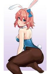 1female 1girls blue_bow blue_eyes blue_hair_bow blue_hairbow bow breasts bunny_ears bunnysuit butt doki_doki_literature_club female_focus hair_bow hairbow kamisato_yuu light_blush sayori_(doki_doki_literature_club) strawberry_blonde_hair