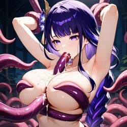 ai_generated blowjob boobjob chained chains cum cum_on_breasts fellatio genshin_impact long_hair paizuri purple_eyes purple_hair raiden_shogun restrained tentacle titjob violet_eyes