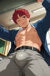 1boy abs ai_generated big_bulge bulge bulge_through_clothing chest classroom dandadan earrings gay jin_enjoji leaning_forward looking_at_viewer looking_down looking_down_at_viewer male muscles muscular_male nipples pecs red_hair school school_uniform seductive seductive_look seductive_smile shirt_open smug_smile table tongue_out winking_at_viewer yaoi