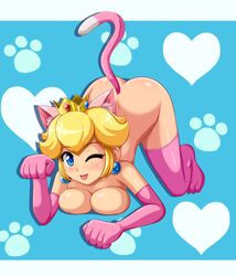 1girls animal_ears ass_focus big_breasts blue_eyes breasts bubble_ass bubble_butt busty butt_focus cat_ears cat_peach cat_tail crown dat_ass earrings female_only hourglass_figure jewelry large_breasts mario_(series) nintendo nude paw_pose princess_peach sigurdhosenfeld super_bell super_mario_3d_world tail wink