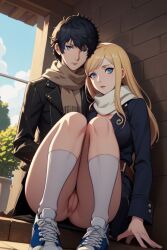 1boy ai_generated blonde_hair blue_eyes couple dark_blue_hair female morgana_(persona) original_character persona_5 pussy