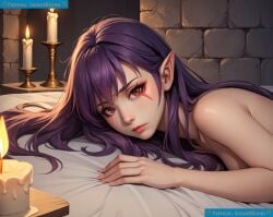 ai_assisted ai_background ai_clothes ai_generated ai_generated_background ai_upscaled elf_ears esil_radiru female lying_on_bed lying_on_stomach purple_hair red_eyes solo solo_leveling sunsetbloom