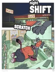 absurd_res anthro ass ass_up big_butt breath canid canine canis clothed clothing comic convenience_store duo felid feline fellatio hi_res kneeling male male/male mammal oral overweight overweight_male pantherine panting partially_clothed patadeperro penile scratching sex size_difference slim_male small_dom_big_sub tail tiger wolf