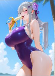 1girls ai_generated banana crown_braid emilia_(re:zero) food_in_mouth hair_ribbon holding huge_breasts long_hair pointy_ears purple_eyes re:zero_kara_hajimeru_isekai_seikatsu swimsuit tongue tongue_out white_hair