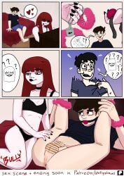 anal anus ass bully_draws clothed_female_nude_male dominant_female domination femdom goth goth_girl handcuffs legs_up original original_character red_hair roxie_toquillas submissive_male tagme tied_up underwear