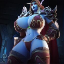 ai_generated bikini bimbo blood_elf gauntlets hoodie looking_at_viewer massive_breasts perfect_body smirk solo stable_diffusion standing sylvanas_windrunner warcraft world_of_warcraft