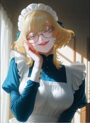 , 1girls ai_generated blonde_hair blue_eyes glasses half-closed_eyes indoors maid medium_breasts red_lipstick round_glasses sexy smile unknown_character