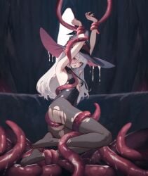 ambiguous_fluids ambiguous_penetration blush bodystocking bodystocking_under_clothes character_request elf_ears kumotori_art mellowillust444 nipple_bulge red_eyes restrained_by_tentacles restrained_legs restrained_wrists small_breasts tagme tentacle tentacle torn_clothes torn_clothing white_hair witch's_dungeon witch_hat