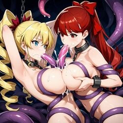 ai_generated blonde_hair blowjob blue_eyes boobjob chained chains claire_harvey cum cum_on_breasts fellatio hundred kasumi_yoshizawa long_hair paizuri persona persona_5 red_eyes red_hair restrained sumire_yoshizawa tentacle titjob