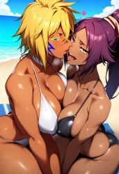 2girls ai_generated beach beach_towel big_ass big_breasts big_butt bikini bleach bleach:_the_thousand-year_blood_war blush blushing_female blushing_profusely bodies_pressed_together breasts_pressed_against_partner breasts_to_breasts breasts_touching breath bubble_ass bubble_butt cleavage dark-skinned_female deep_cleavage dripping duo duo_female female female_only hand_between_legs heart huge_ass huge_breasts kissing kneeling large_breasts looking_at_viewer massive_breasts narrow_waist open_mouth posing posing_for_the_viewer saliva saliva_drip saliva_trail self_upload shihouin_yoruichi sitting sweatdrop sweating sweaty sweaty_body sweaty_breasts sweaty_butt thick_nipples thick_thighs tia_harribel tongue tongue_kiss wide_hips yeetyboi5000 yuri