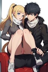 1boy ai_generated blonde_hair blue_eyes couple dark_blue_hair female morgana_(persona) original_character persona_5 pussy sitting_on_lap