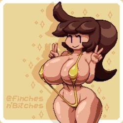 1girls bikini breasts brown_hair female finchesnbitches gold_bikini huge_breasts jennifer_(finchesnbitches) mob_face peace_sign pixel_art sling_bikini slingshot_swimsuit solo solo_female solo_focus wardrobe_malfunction