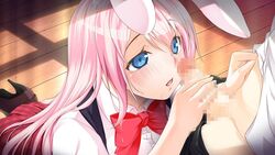 animal_ears blue_eyes blush bunny_ears censored female game_cg hinasaki long_hair maternity_monsters!_dekichaimashita! penis pink_hair school_uniform