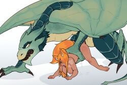 1boy 1girls 1monster 2024 all_fours amb ambiguous_penetration blue_body carrying_partner claws completely_nude completely_nude_female dracophilia dragon extreme_size_difference femsub feral_on_female fox_ears fox_girl fox_tail from_behind green_body held_down interspecies maledom monster monster_cock mounting orange_hair orange_hair_female original_character quadruped questionable_consent scalie seyerusednsfw sharp_teeth size_difference stormdrake straight tan_body tan_skinned_female teratophilia thick_thighs thighs warhammer_(franchise)