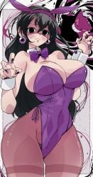 1girls absurdres artist_name black_eyes black_hair blush bow bowtie breasts bunny_ears bunnysuit cleavage closed_mouth collar covered_navel cowboy_shot detached_collar earrings female gengar grin hair_between_eyes hands_up heart heart_print hex_maniac hex_maniac_(z-a) highres jewelry kinakomochi_(user_vedc2333) large_breasts leotard long_hair looking_at_viewer nail_polish nervous nervous_sweating nintendo pantyhose playboy_bunny pokemon pokemon_(creature) pokemon_legends:_z-a purple_bow purple_bowtie purple_nails smile sweat teeth white_collar