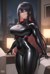 ai_generated bedroom black_hair large_breasts latex_suit long_hair messy_hair muscular_female original sci-fi serious thick_thighs