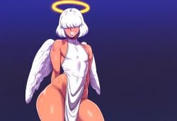 1boy ai_generated alriel angel angel_wings curvaceous curvy dark-skinned_femboy dark-skinned_male dark_skin femboy halo hyper_hips mullon novelai original sissy thick_thighs trap white_hair wide_hips